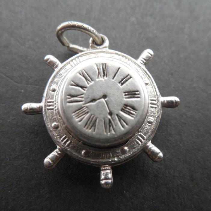 Vintage - Ships Wheel with Clock in Center - 3D Sterling Silver Charm - #1401L
