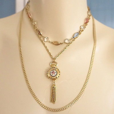 Vintage Swarovski Crystal Bezel Guilloche Enamel Locket Assemblage Necklace