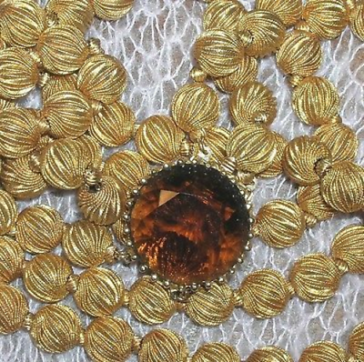 Incredible Heavy Vintage Swirled Textured Metal Bead Necklace Rhinestone Clasp
