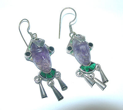 STERLING SILVER MEXICAN MEXICO AMETHYST FACE MASK MALACHITE INLAY STONE EARRINGS