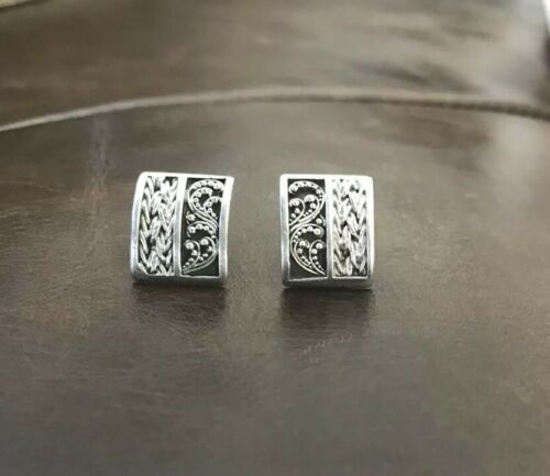 Lois Hill Sterling 925 Earrings Woven Granulated Curved Rectangular