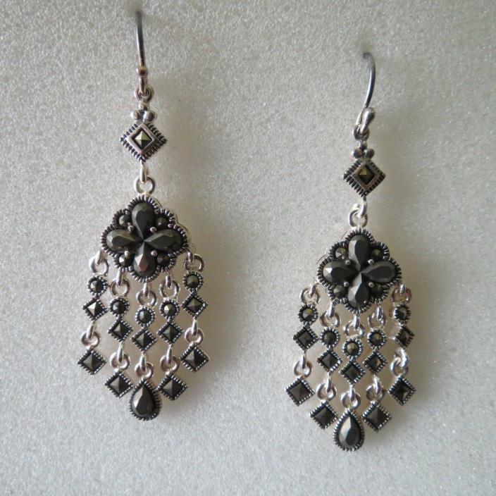 Marcasite and Silver (925) Dangle Earrings-Pierced- 2 1/8
