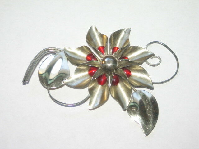 Vintage TRU ART Sterling Silver & Red Cabochon Flower Brooch