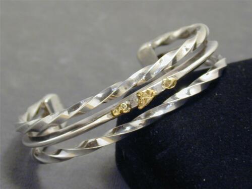 Vintage Designer Signed Sterling Silver & Gold Nugget Cuff Bracelet Southwestern