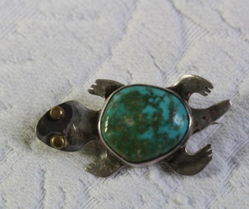 Vintage Sterling Silver & Turquoise Modernist Turtle Pendant Brooch Signed Eyre