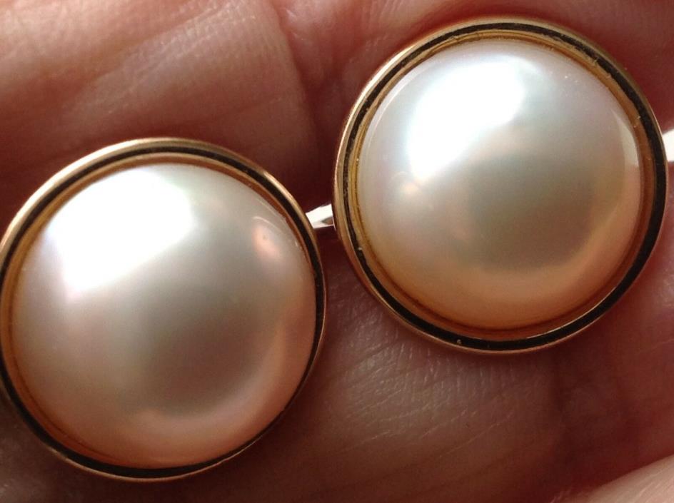 Vintage B.P. de Silva 14K Gold Mabe Rosy Pearl Earrings Screwback