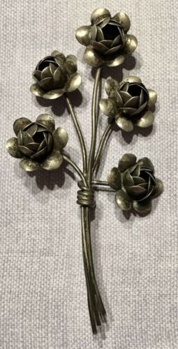 Vtg 1940’s Coro Sterling Craft Blooming Rose Bouquet Flower Brooch Pin--Estate