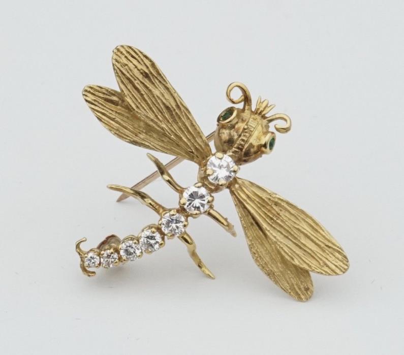 Vintage 18K Yellow Gold Herbert Rosenthal Diamond Dragonfly Brooch Pin