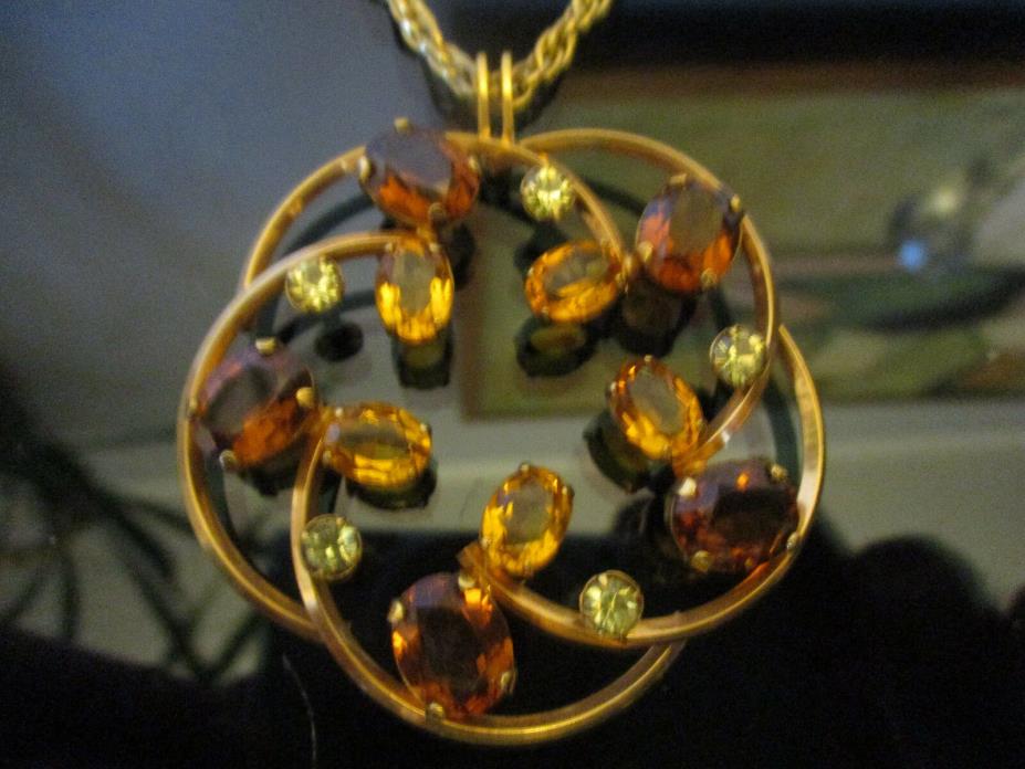 Vintage Mod Van Dell 12 K Kt Gold Filled Topaz Glass Rhinestone Pendant Necklace