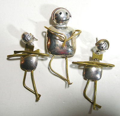 HUGE STERLING SILVER MEXICO MIXED METALS STICK FIGURAL NECKLACE PENDANT BROOCH +