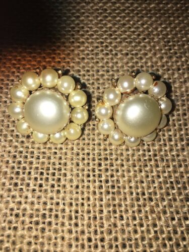 Faux PEARL EARRINGS signed CORO Vintage Clip On Flower Design