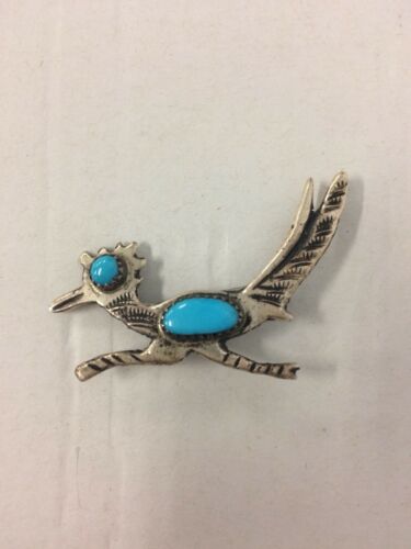 Sterling Roadrunner Pin Brooch With Two Turquoise Stones Hallmarked LL