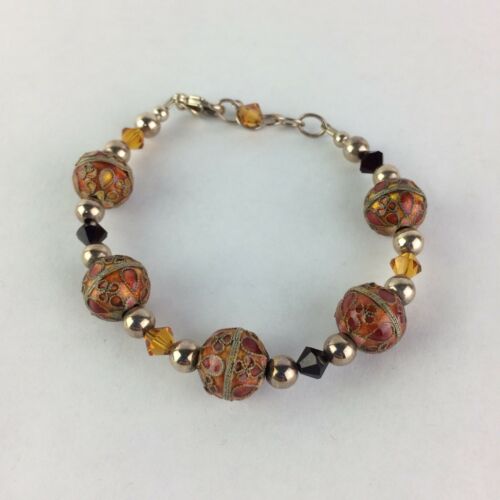 Vtg Emily Ray Bracelet Stamped Sterling Silver Orange Red Beads Crystals Ornate