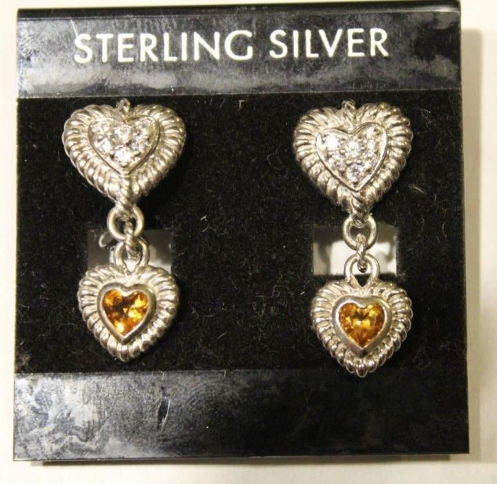 NEWJudith Ripka 925 Sterling Silver Double Drop Heart Earrings w/ Citrine and CZ