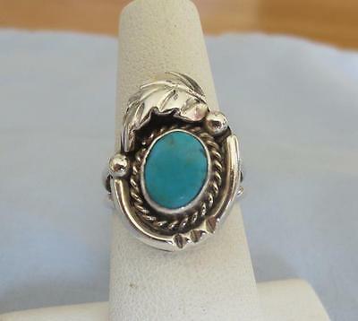 Southwestern Turquoise Stone Ring, Unmarked Silver, Signed LS, Size 6