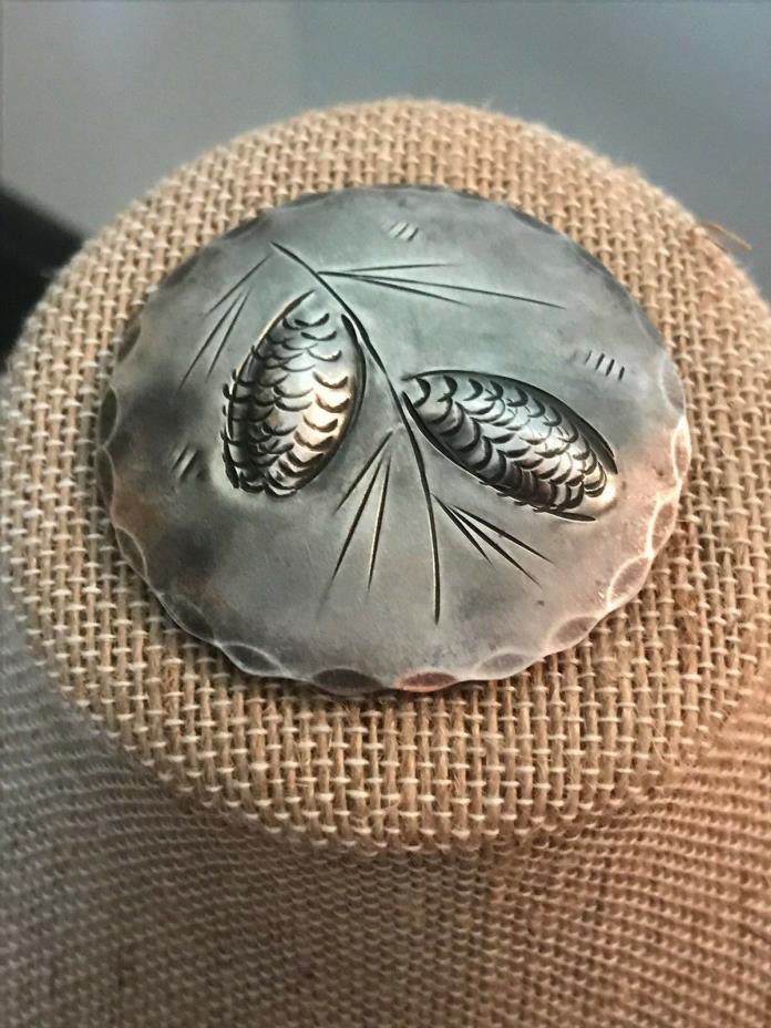 1940s Signed STUART NYE Sterling Silver Round Pine Cone Pin Brooch