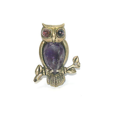 SILVER MEXICAN MEXICO ELNA D.F. AMETHYST VINTAGE SIGNED OWL FIGURAL BROOCH PIN
