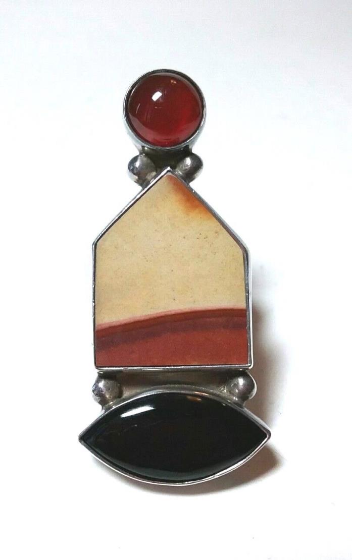 STERLING SILVER ARTISAN STUDIO DARLA NORDSTROM ONYX CARNELIAN PICTURE AGATE RING
