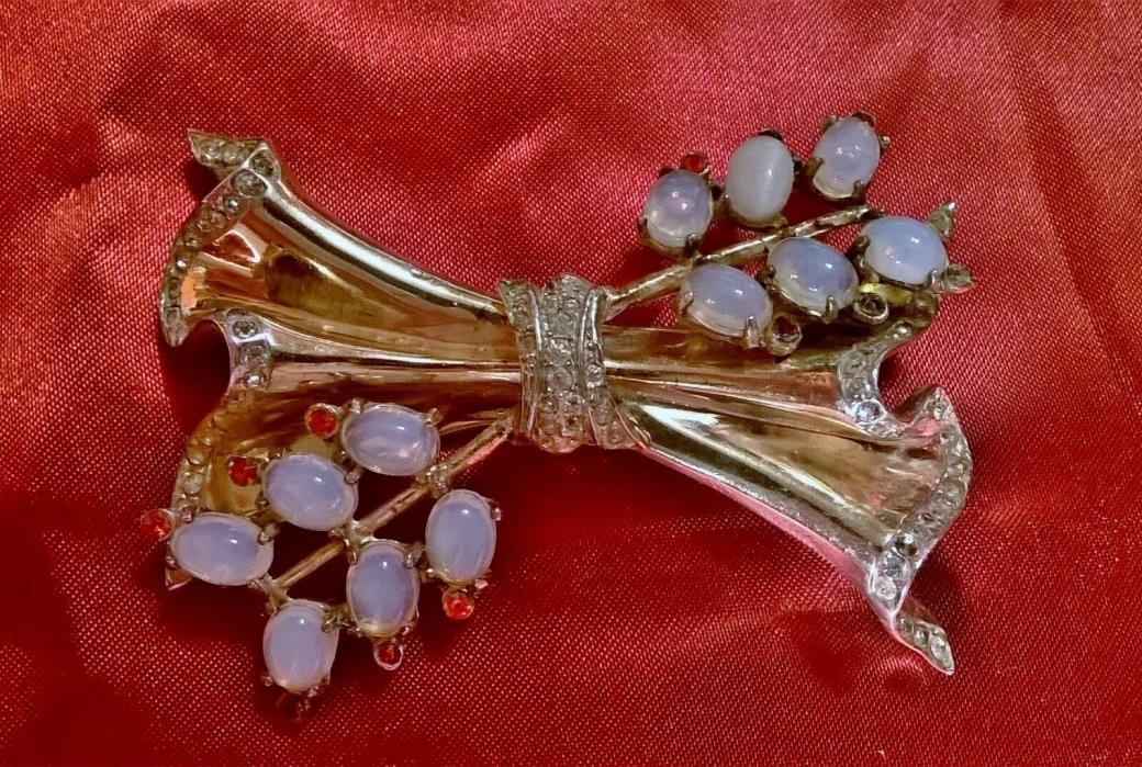 Vintage Sterling Silver Coro Craft Pin Brooch Faux Opal Red White Rhinestones