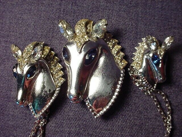 RARE 1943 CORO STERLING HORSE HEAD CHATELAINE & PIN / BROOCH SET