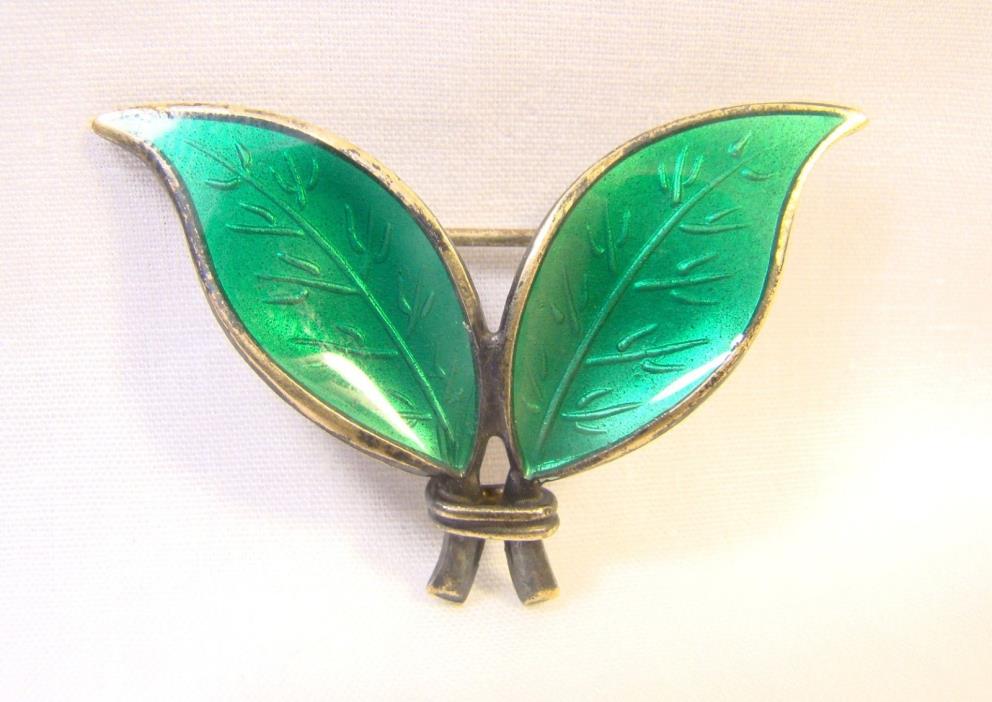 Vintage Signed David Anderson Norway Sterling Silver Enamel Double Leaf Pin