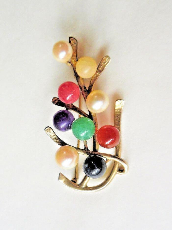 MING'S VTG Tutti Fruiti Multi Color Gems Pearls Sterling Gold Vermeil Brooch Pin