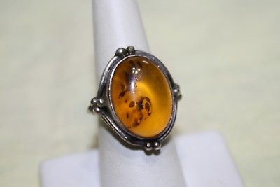 Beautiful Huge Oval Vintage Genuine Amber Sterling Silver Ring Sz 7 Well Made