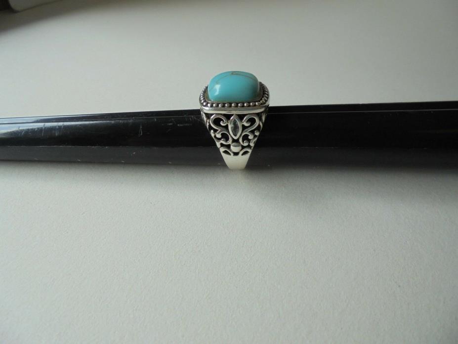 Large 925 Sterling Silver Signed CFJ Openwork Turquoise Ring Size 8.5
