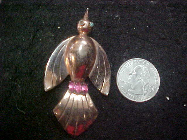 Vintage Coro Sterling Bird Brooch Gold Washed Jewel Eye Bird Lapel Pin
