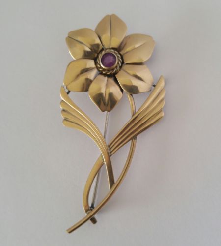 14K Sterling Silver Flower Amethyst Pin Brooch Signed Symmetalic