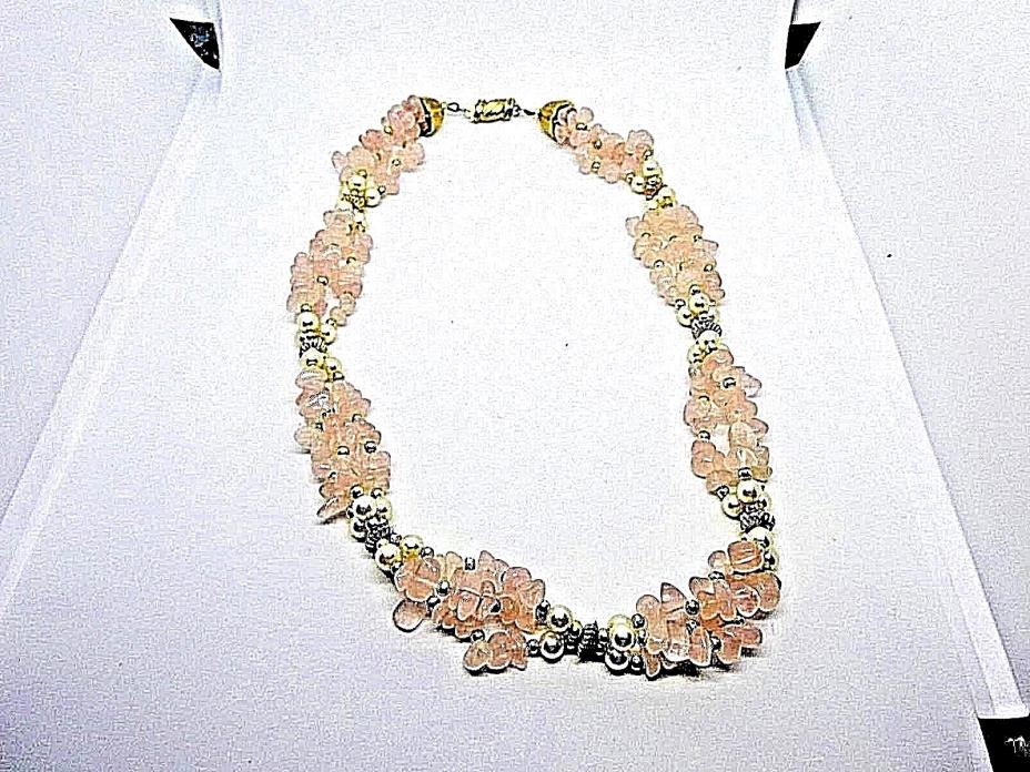 Vintage Rose Quartz Faux Pearl Multi Strand Necklace Signed BREV