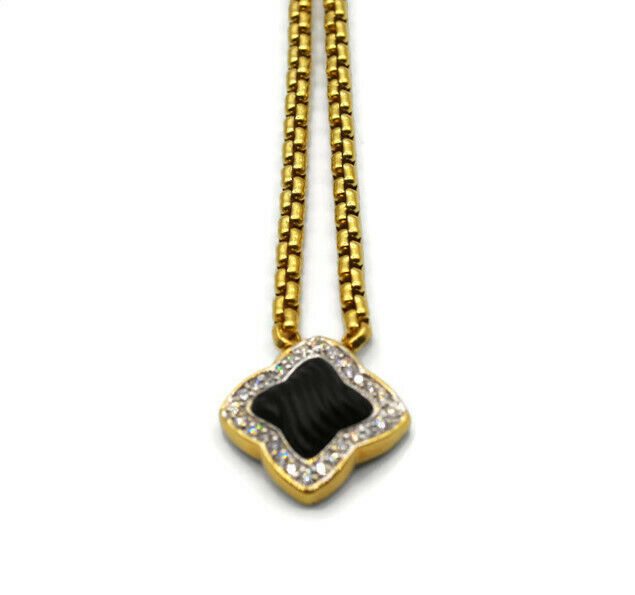 David Yurman 18k Gold Onyx Diamond Accent Quatrefoil Pendant Necklace