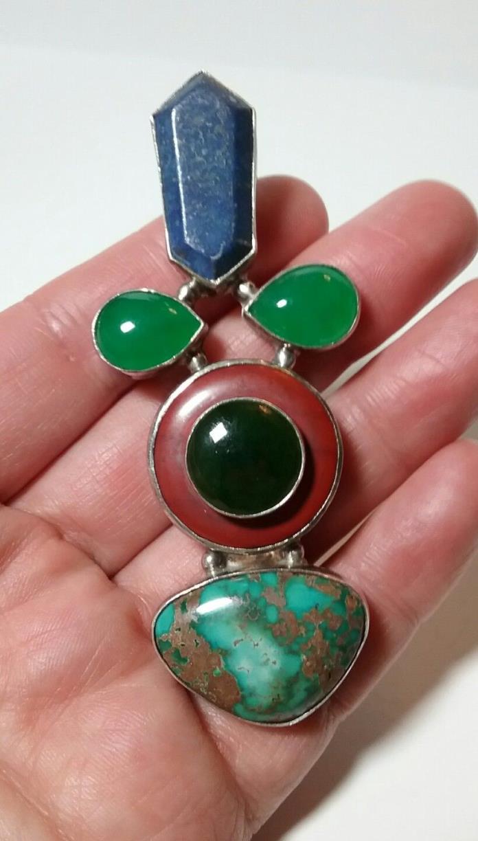 LARGE STUDIO ARTISAN STERLING SILVER TURQUOISE JADE DARLA N PIN NECKLACE PENDANT