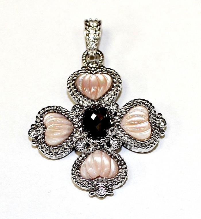 JUDITH RIPKA STERLING SILVER PINK CARVED MOP, SMOKEY QUARTZ & CZ CROSS ENHANCER