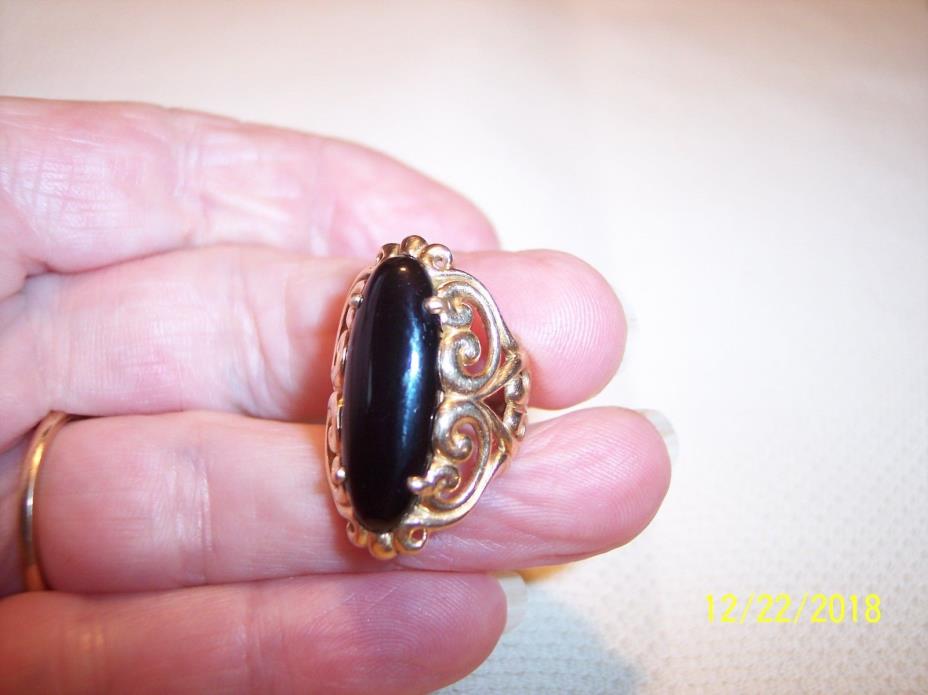 HUGE ! Vintage 14k yellow gold OVAL black onyx SCROLL RING SZ 3 1/2 HALLMARKED