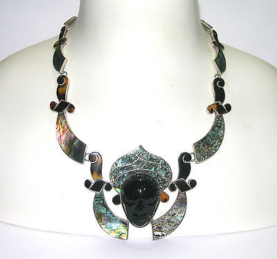 LARGE STERLING SILVER VINTAGE MEXICO INLAID ABOLONE STONE HEADRESS NECKLACE