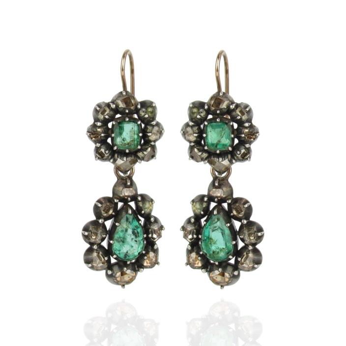 Georgian Emerald and Diamond Day/Night Earrings