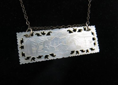 Gaming Counter Chip Pendant. Sterling MOP Hand Carved 18th Century 16in Chain.