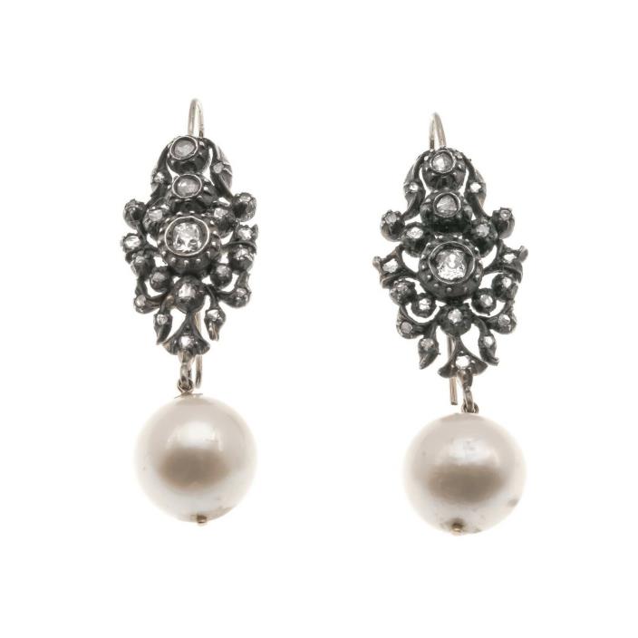 Georgian Elegance - Georgian 18K Rose Gold, Silver, Pearl & Diamond Earrings