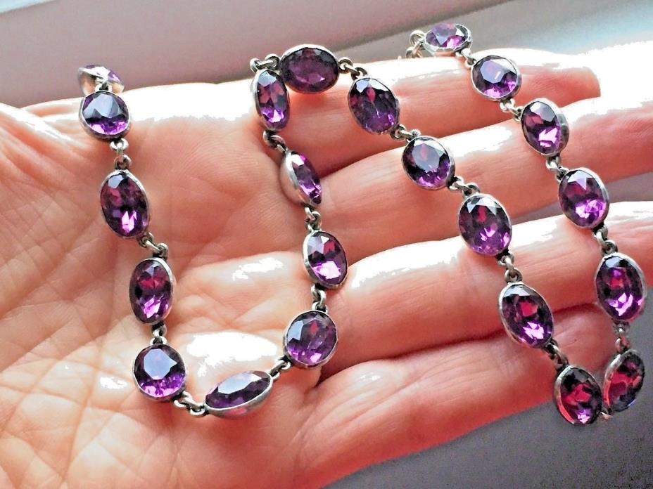 Georgian Riviere Amethyst Paste Sterling Silver Necklace Choker Foiled Collet