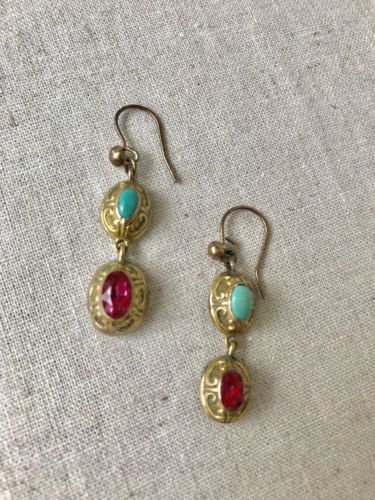 Vintage Antique Georgian Turquoise and Pink Tourmaline Hanging Earrings, UK