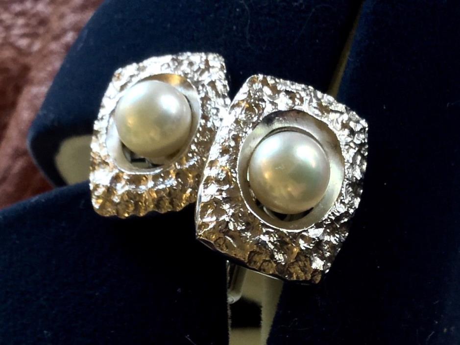 60's EXC. AKOYA PEARL NUGGET TEXTURED STERLING SILVER CUFFLINKS MID CENTURY MINT
