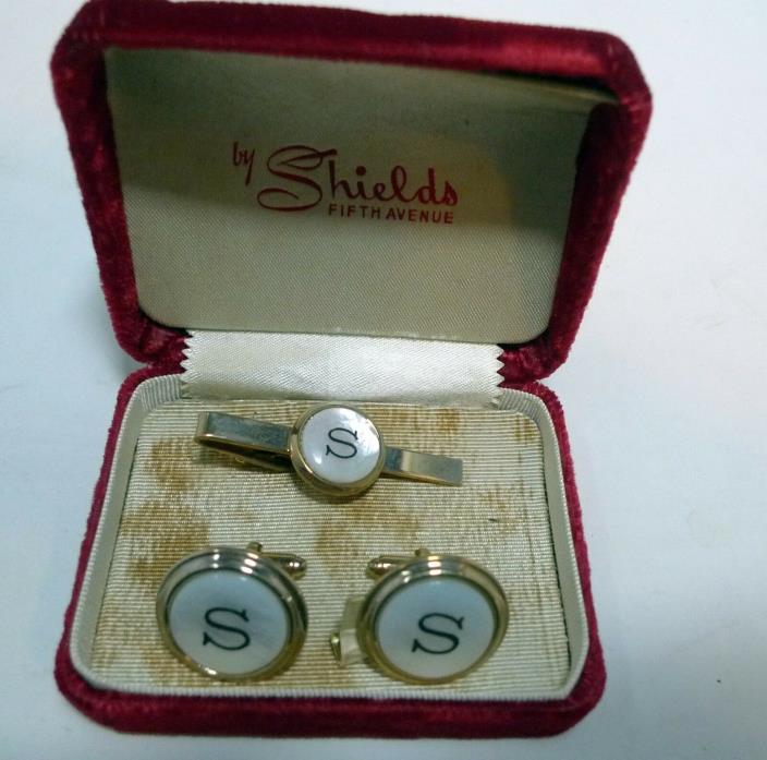 Vintage Mid Century Shields 5th Avenue Cufflink Tie Tack Set Mother of Pearl 