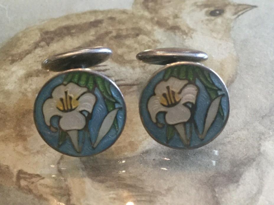 Antique vintage pair Sterling cuff links with guilloche enamel lilies