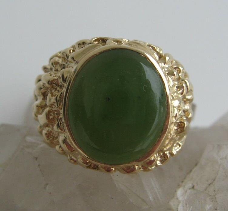 Nephrite Green Jade Signet Ring Mens 14k Yellow Gold Nugget Like Band Signed TRC