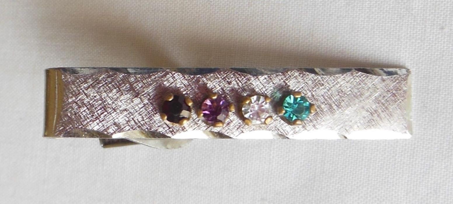 Sterling Silver Tie Bar Red, Purple, Clear & Green Glass Stones 1970s Marked