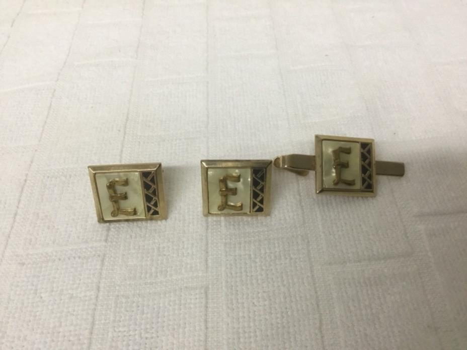 SET OF MENS VINTAGE CUFF LINKS INITIAL E GOLD TONE MOTHER OF PEARL INLAY