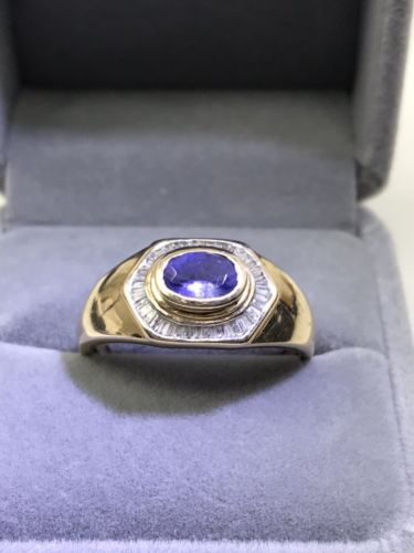 Tanzanite & Diamond Men's Ring 10K Yellow Gold - Size 11