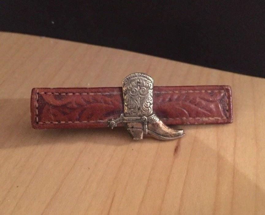 Vintage Sterling Boot On Tooled Leather  Western Tie Clip 2.5 inches