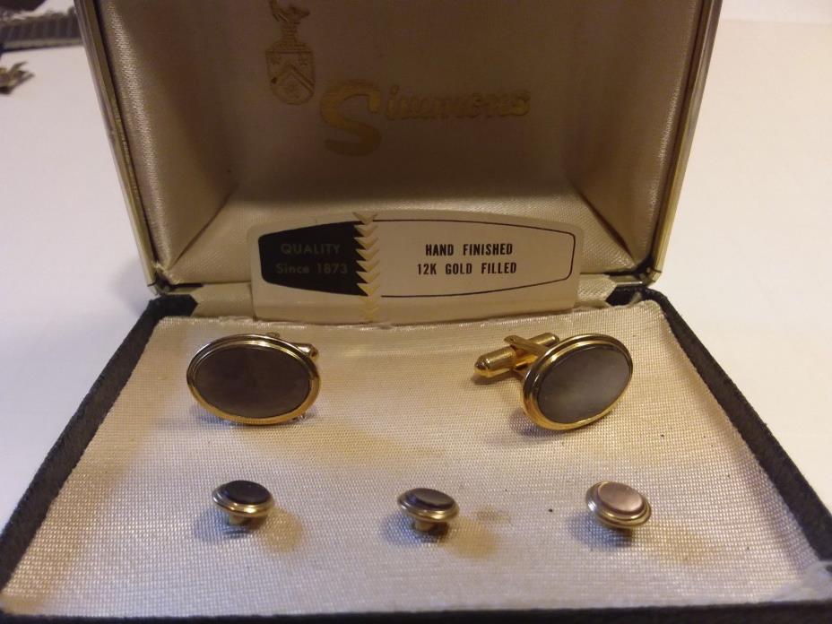 Vintage Simmons Cuff links Tie tacks Pearl Boxed Set 12 kt Gf Excellent